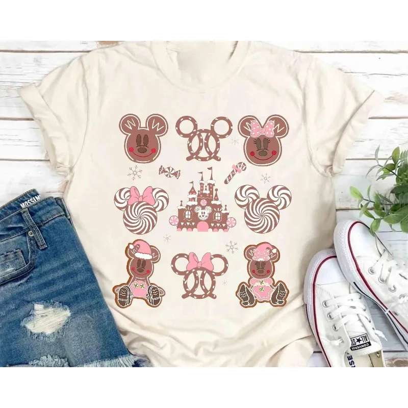 Camicia rosa natalizia con fiocco coquette Topolino e Minnie Gingerbread Castle Camicia unisex con fondo per tutte le stagioni in puro cotone