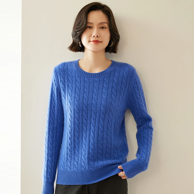 Simple Autumn Winter O-Neck Twist 100% Cashmere Knitted Women Solid Color Pullover Casual Long Sleeve Thick Warm Base Layer Top