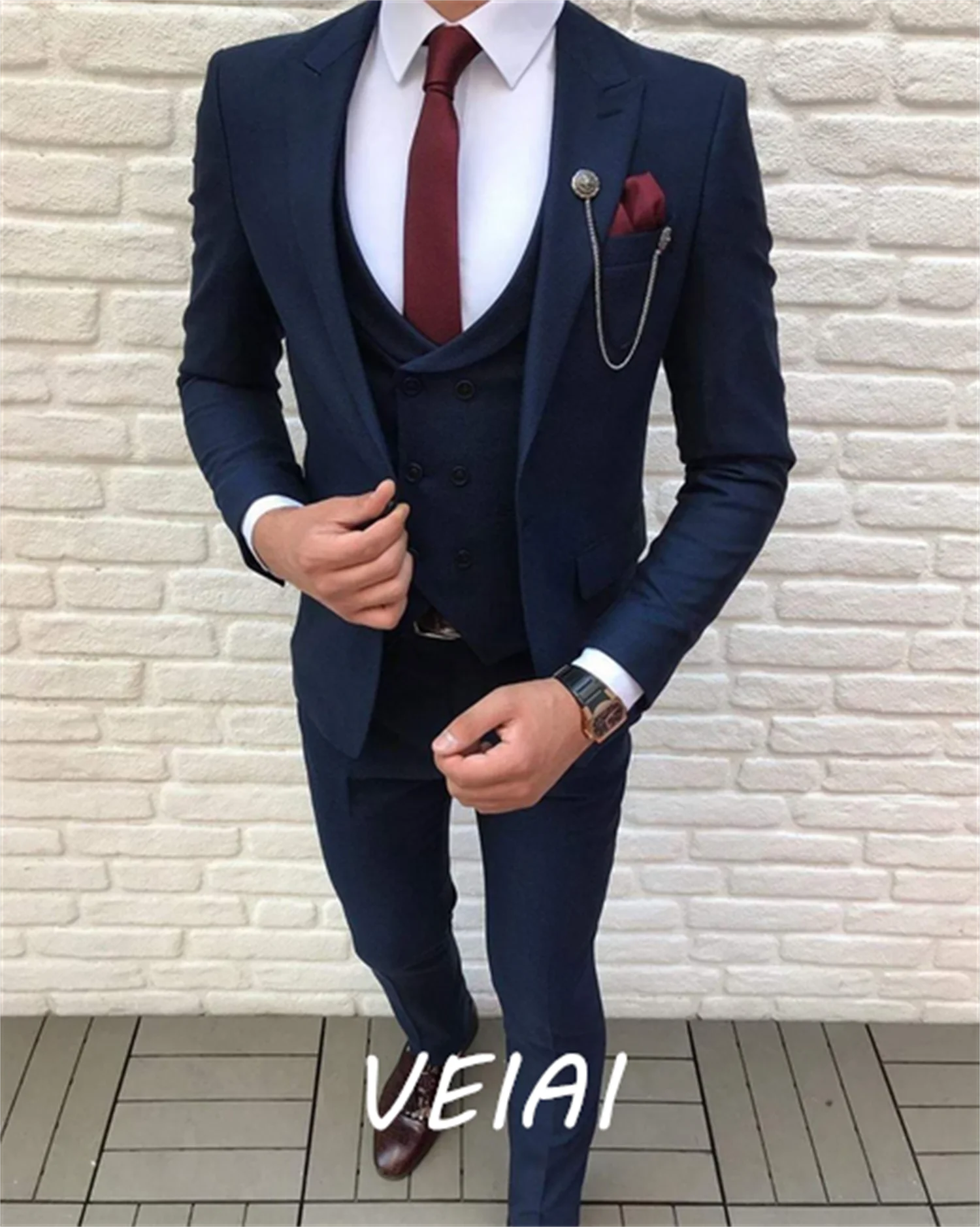 

Customized New Tailor Made Lapel Navy Blue One Button Suit Men Double Breast Vest Slim Fit Groom Tuxedos Business 3 Pic Suit Bla