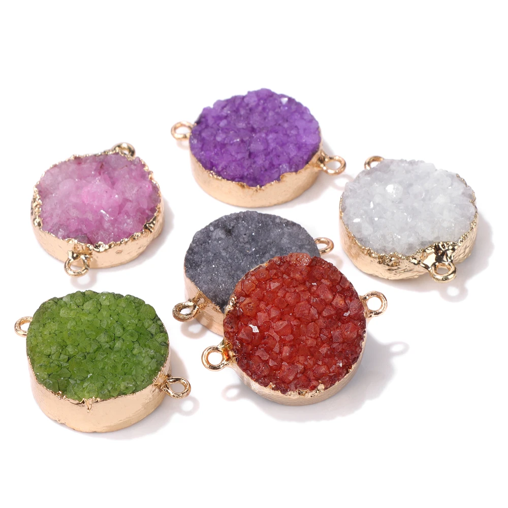 

1pc Round Natural Druzy Agate Crystal Charms Pendant Double Connectors For Women DIY Bracelets Jewelry Making Findings
