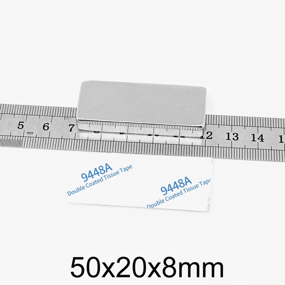 블록 초강력 자석, 3M 테이프 포함, 50x20x8mm, 50x20x8 쿼드레이트 대형 영구 NdFeB 자석, 50x20x8mm, 1 개, 2 개, 5 개