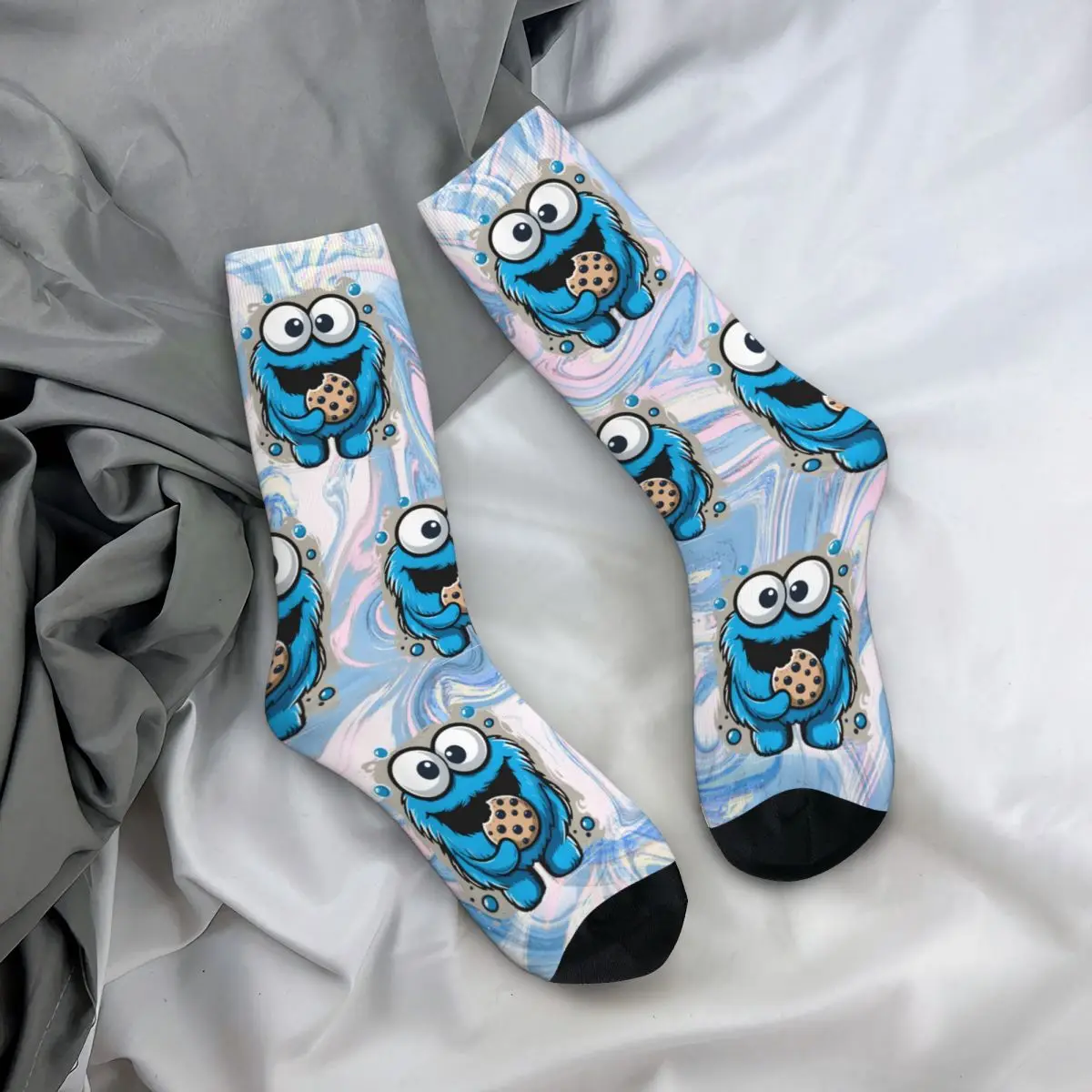 Crazy compression Blue Cute Sock for Men Harajuku Cookie Monsters Face Seamless Pattern Crew Sock Casual