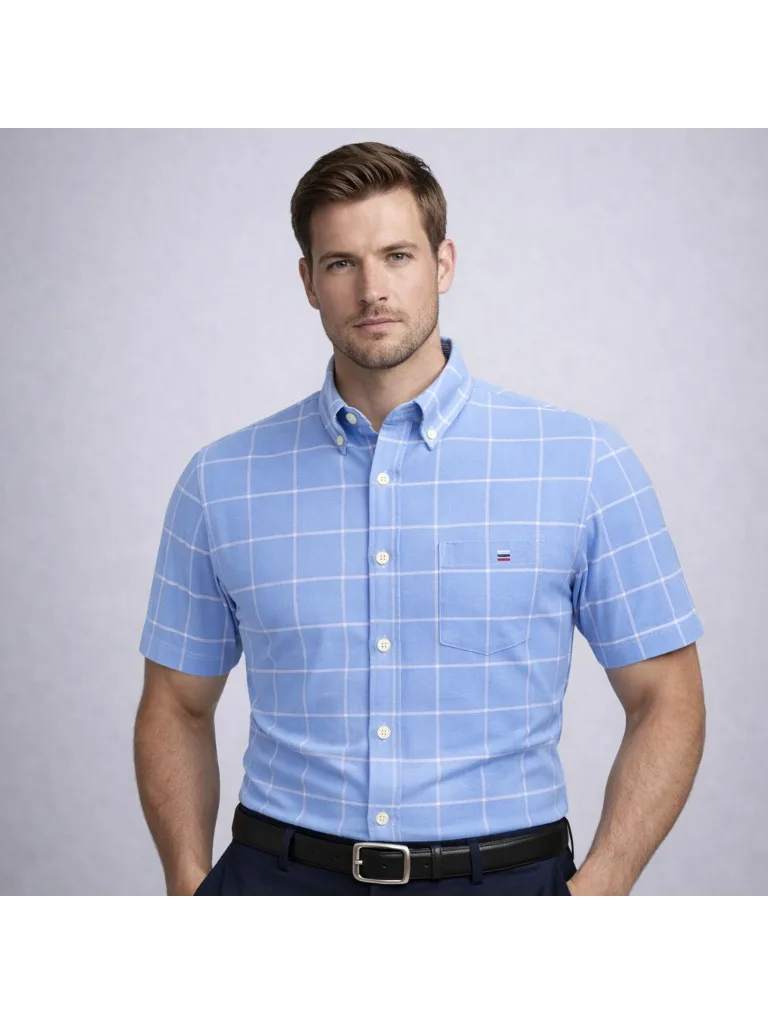 Oxford-Chemise rayée à carreaux à manches courtes pour hommes, 100% coton respirant, chemise d'affaires, coupe régulière, vêtements respirants, été