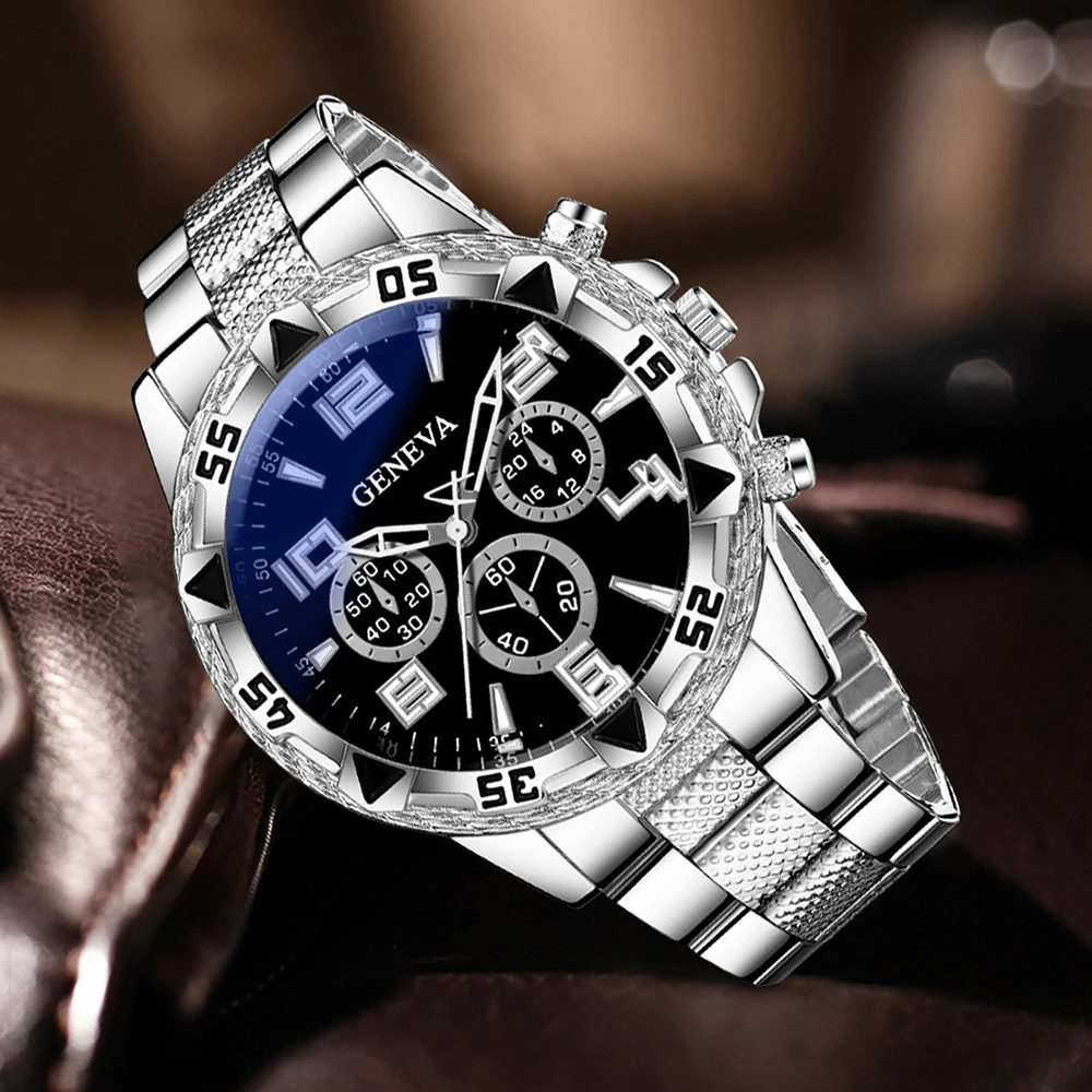 3-Piece Men's Silver Ice Crack Jewelry Set, Geneva Watch+Cuban Chain+Bracelet, Hip Hop Sparkling Style