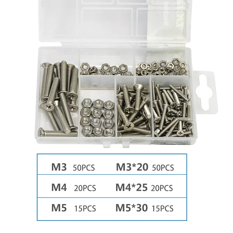 170 Pcs M3 M4 M5 304 Stainless Steel Machine Screws and Hex Nut M3 M4 M5 Assortment Kit