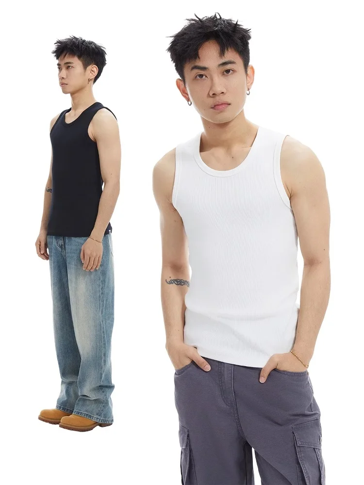 

Retro American Sle Fitn Tank Top Men's Svel Sportswear Summer 2025 Streetwear Trendy round Ne Sweaa Vest