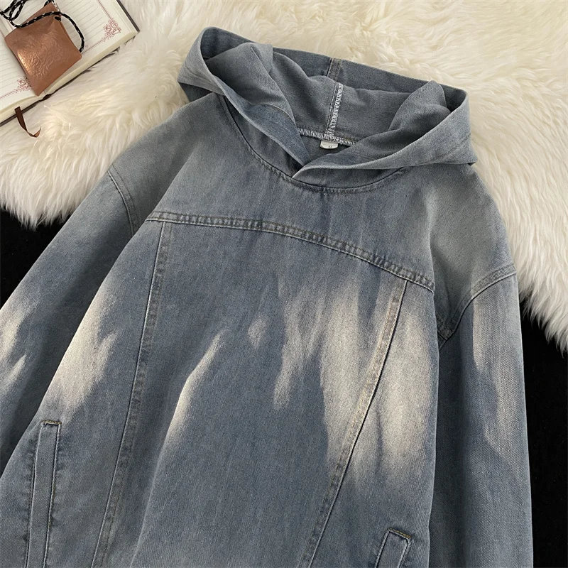 Retro Waed Hoodie Denim Sweatirt Loose Men's Autumn Street Sle Couple Outerwear Coat Boy's Pure Color Hood