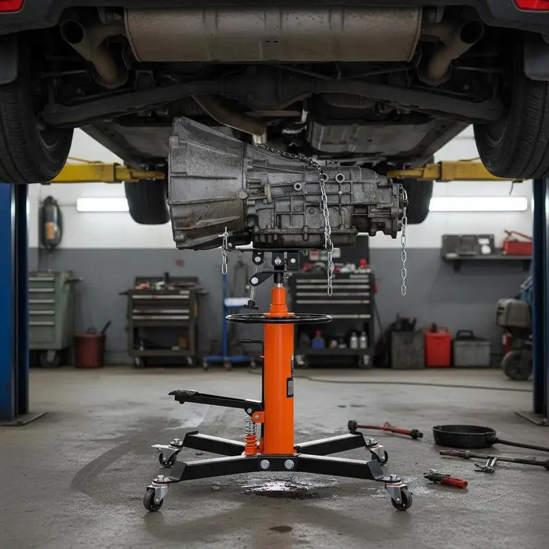 

Hydraulic Gearbox Lift 1100lbs Capacity For Vehicle Maintenance Transmission Replacement Garage Repair, 2-Stage Telescopic Column Foot Pedal Operation 360° Swivel Wheels Orange Cast Iron Construction Heavy Duty Jack Stand
