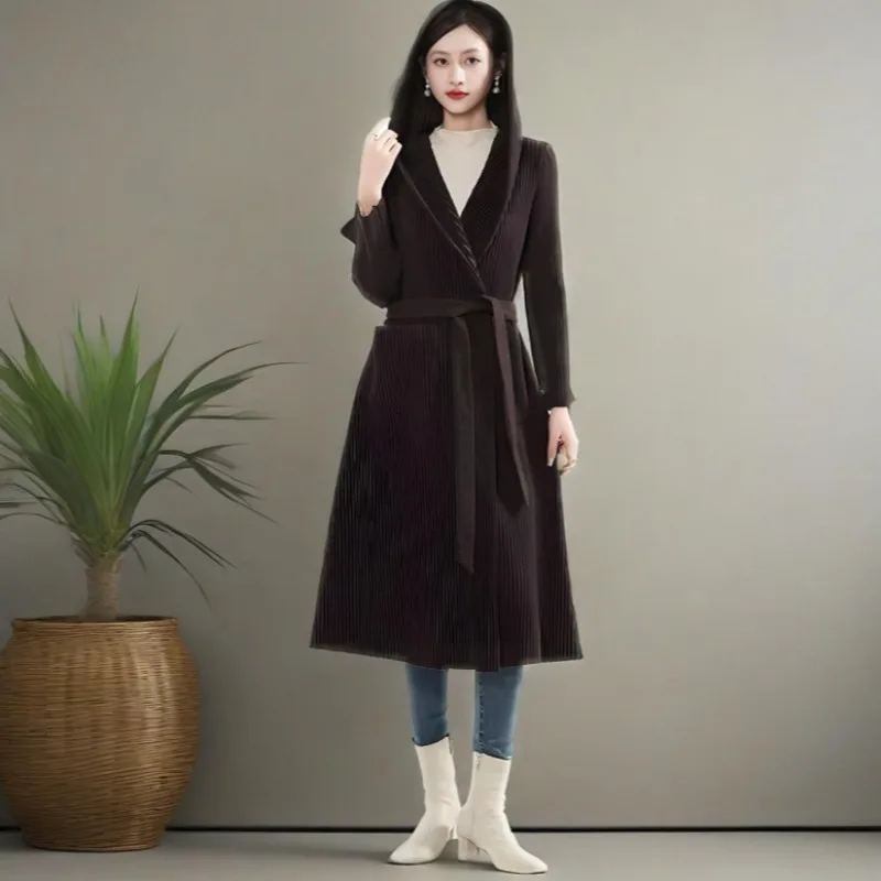 

Miyake 202, осенне-зимний новый плиссированный плащ с капюшоном, французское однотонное темпераментное женское пальто с галстуком, коричневая куртка, Европа
