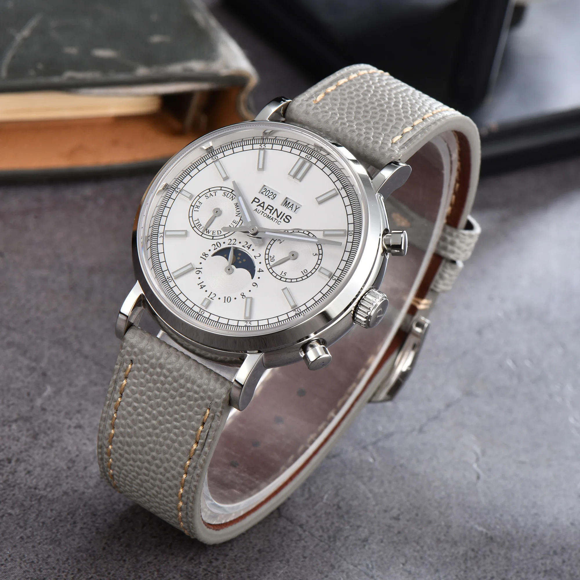 New Parnis 40mm White Dial Mechanical Men Watch Calendar Leather Strap Automatic Waterproof Watch Men Reloj Hombre 2026 Clock