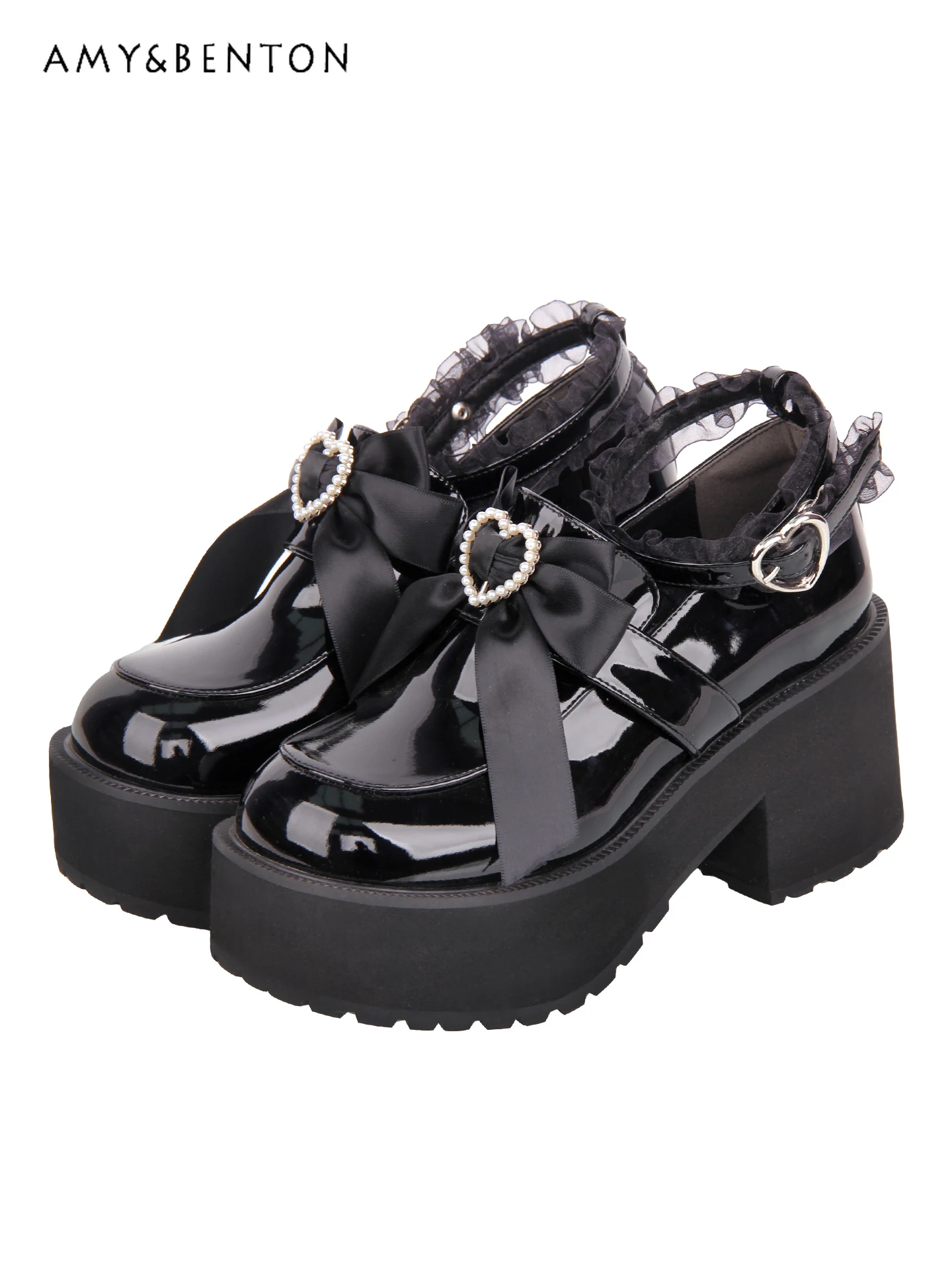 

Japanese Cute Beaded Heart Buckle Bow Mary Jane Shoes Lolita Style Elegant Princess PU Single Shoes Mine Series Single Shoes