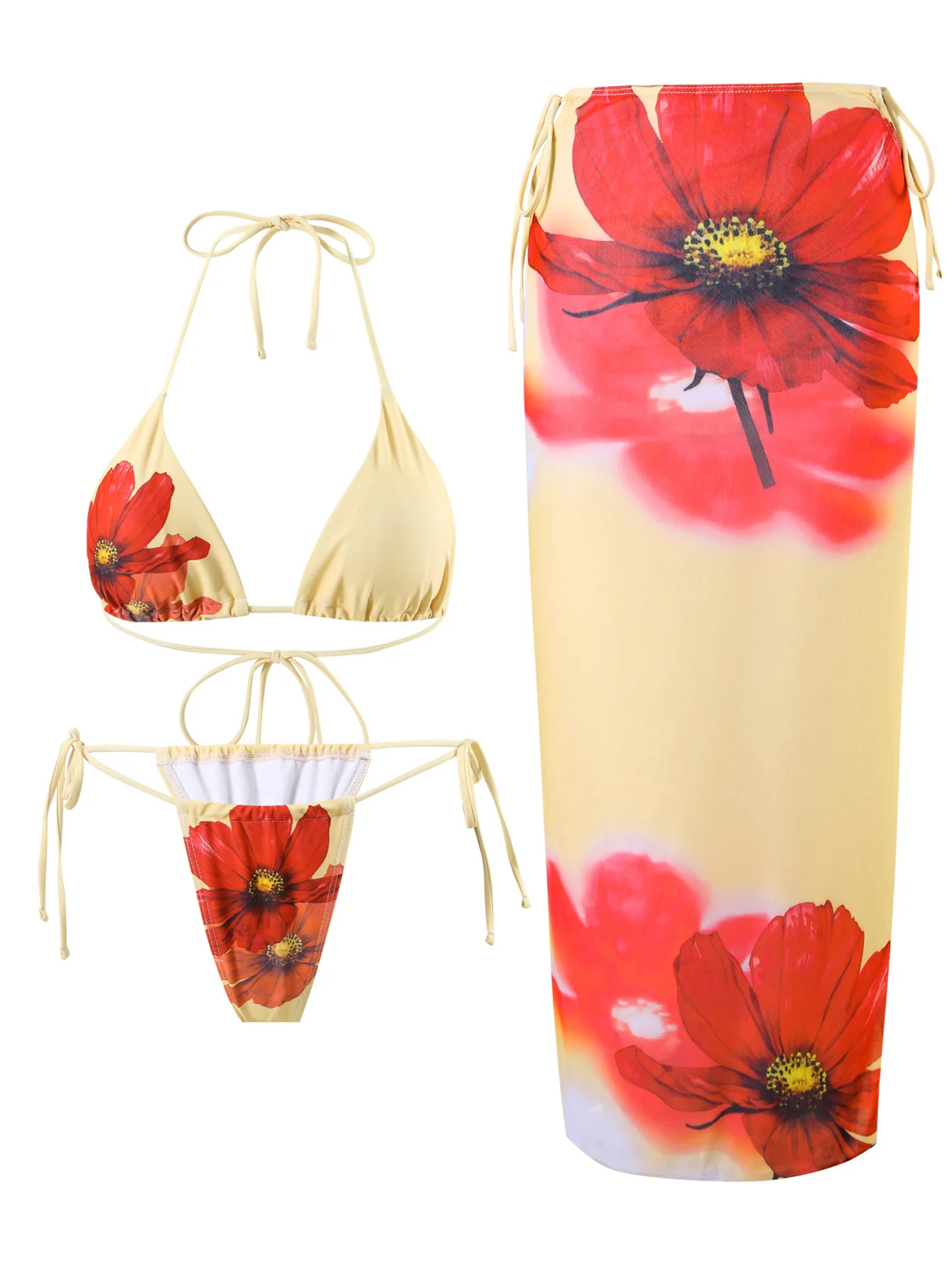 

Сексуальные треугольные бикини, женский купальный костюм с цветочным принтом и сеткой, длинный купальник с боковой завязкой, купальник из трех предметов, пляжная одежда