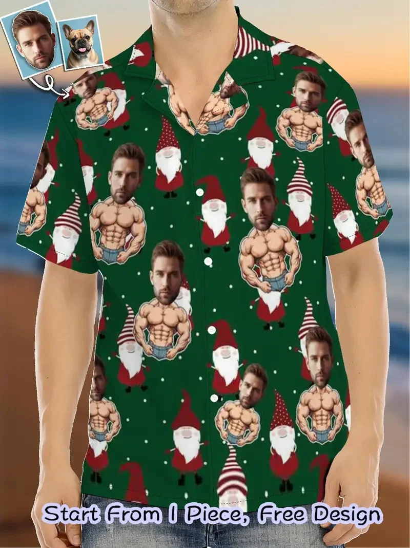 Full Print Custom Photo Beach Shirts For Men Christmas Pattern Short Sleeve Button Hawaiian Shirts Clohtes Men's Aloha Shirt