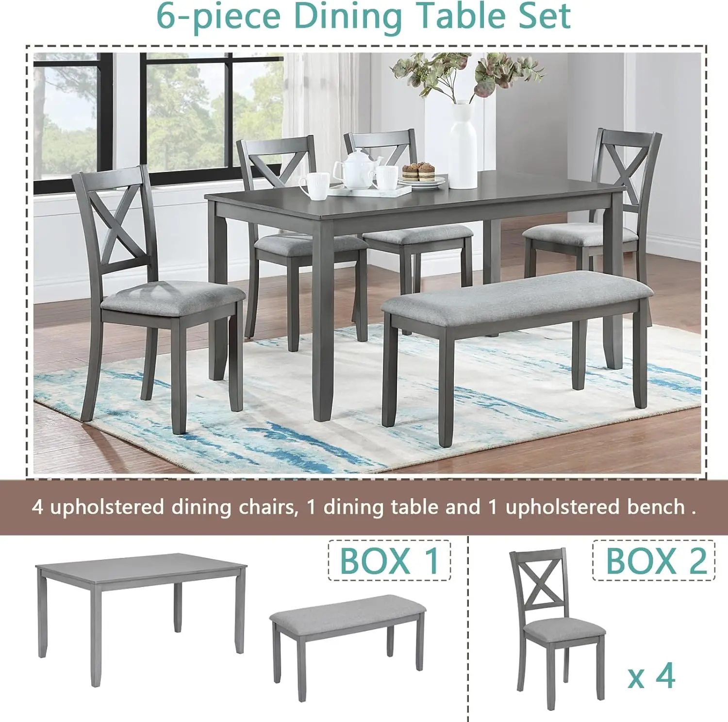 Lumisol 6-Piece Dining Table Set With 4 Upholstered Chairs And 1 Bench, Solid Wood Kitchen Table Set For 6 Persons, Farmhouse