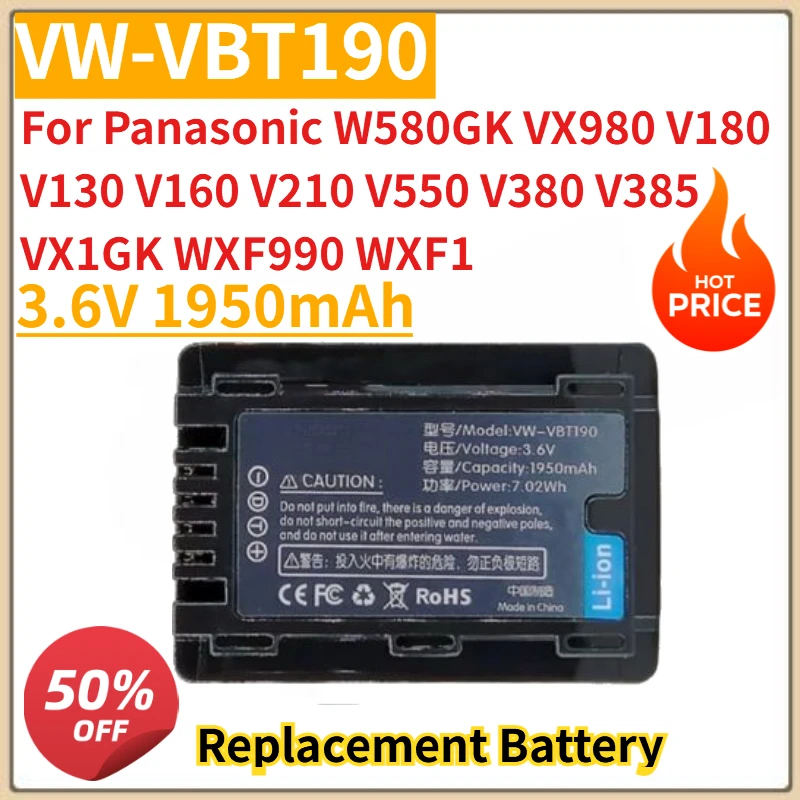New VW-VBT190 Camera Battery 3.6V 1950mAh for Panasonic W580GK VX980 V180 V130 V160 V210 V550 V380 V385 VX1GK WXF990 WXF1