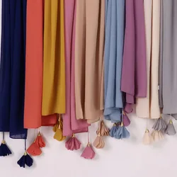 Fashion New Women Chiffon Bubble Scarf Solid Color Hijab Muslim Peals Long Tassel Love Flower Designer For Female Bandana