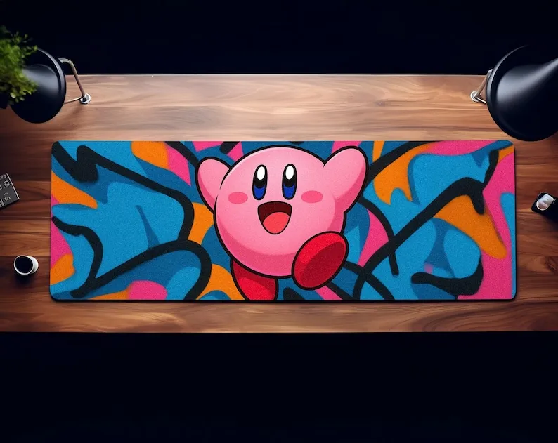 Alas Mouse Kirby Seni Jalanan Grafiti, 8 Ukuran, Lampu RGB, Alas Meja XXL, Kirby Berani, Alas Mouse Kawaii Urban, Perlengkapan Gamer Berwarna-warni