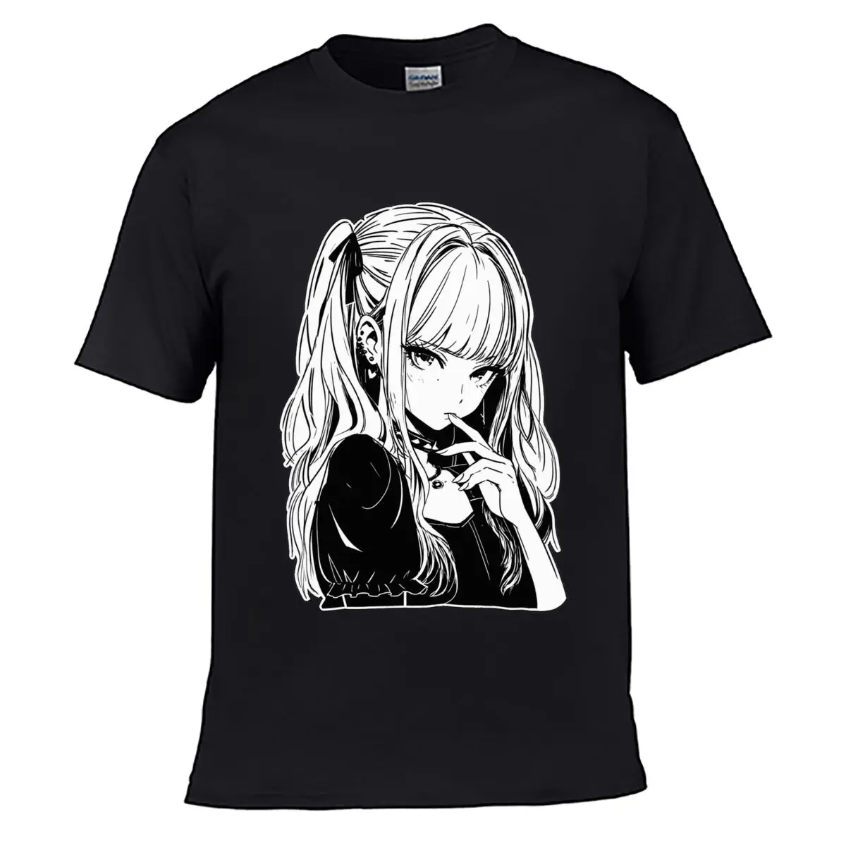 Anime Girl Long Hair Gothic Style Black White Illustration Men Summer Washed Tee Loose Distressed Top