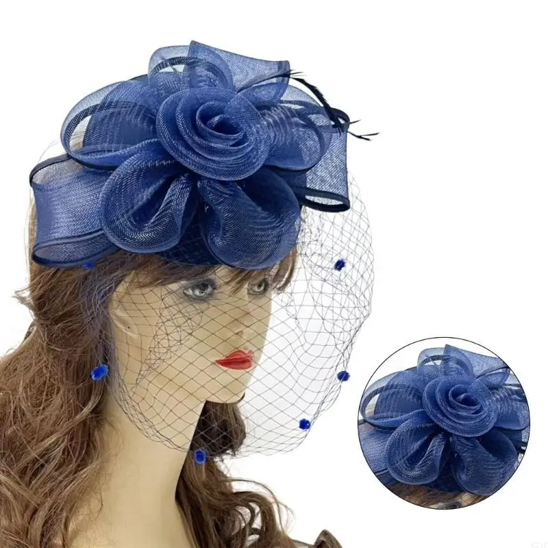 

C71F 20s Party Hat Cocktail Party Mesh Flapper Hat Hair Clip Female Net Flower Fascinator Hat Pillbox Hat Role Play Bowler