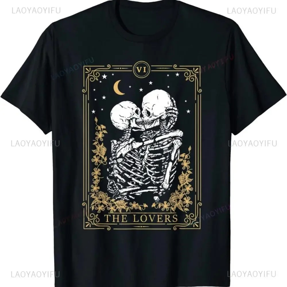 The Lovers A Kiss Under The Moon Skull Man T-shirts Vintage Tarot Card Occult Skeletons Supernatural Tops T Shirt Men