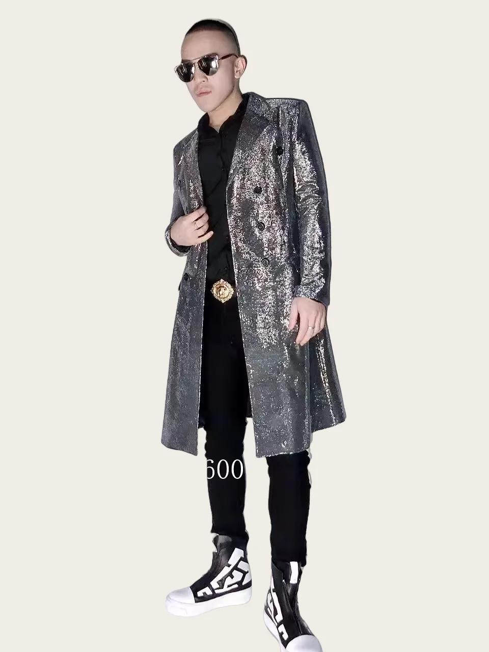 New Fashion Men's Stars Silver Long Suit Jackets costumes Nightclub DJ Male Singer Party show stage performance outwear