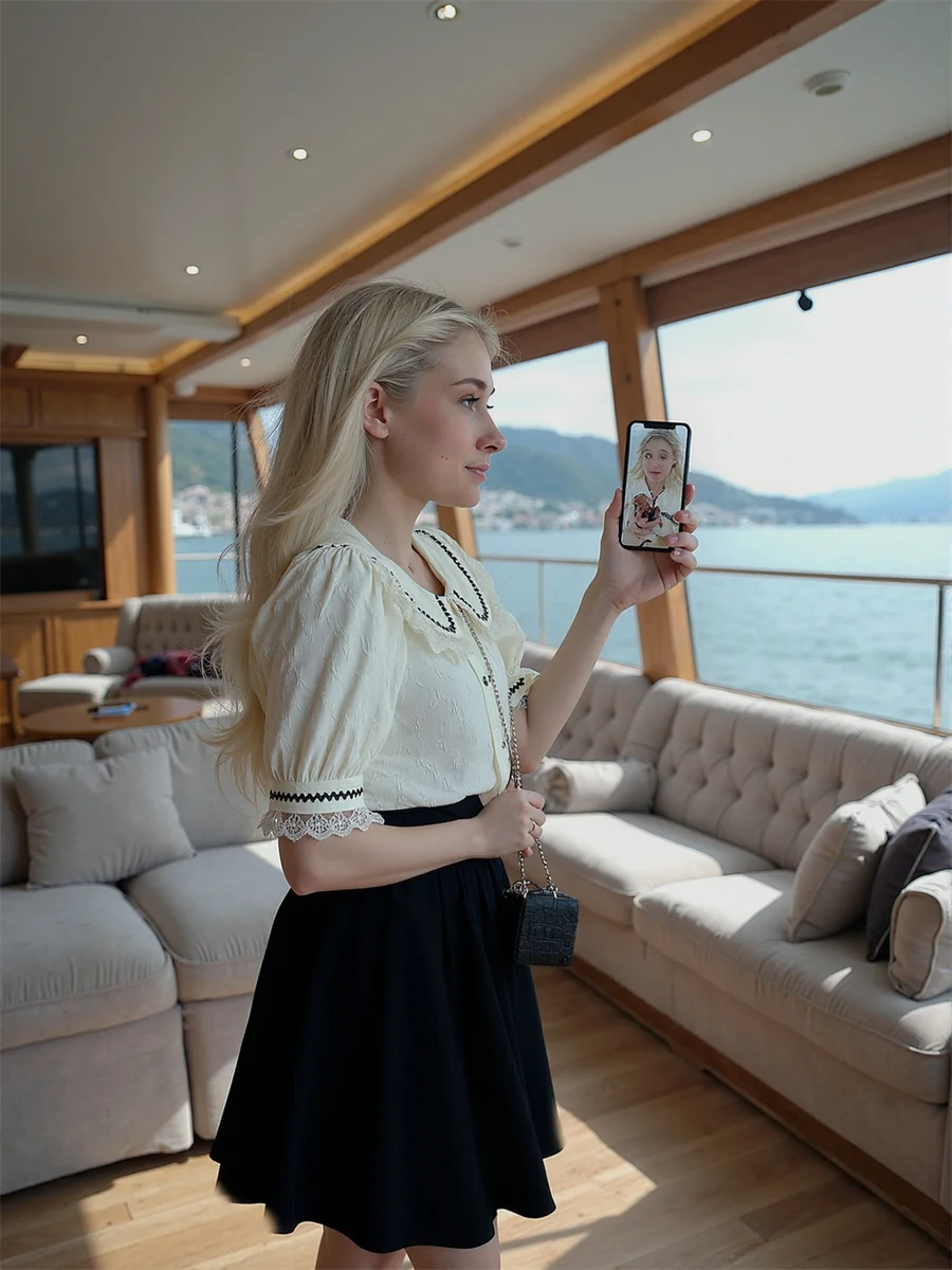 

Cute Lace Shirts Girls Blouses Clothes For Women Summer Streetwear Fitting Starry Stacked Lapels Tierred Wrap Around Casual Slim