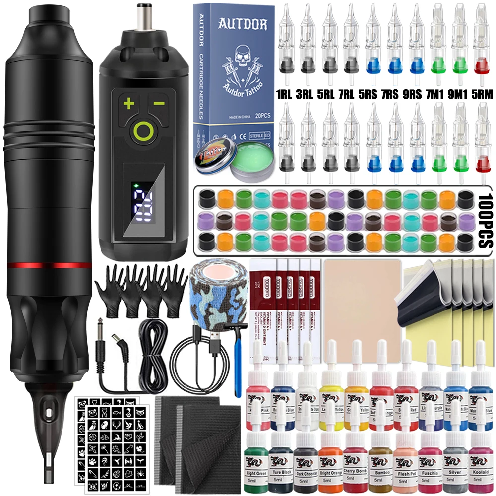 

Professional Tattoo Pen Machine Kit Tattoo Pen Machine Set with Wireless Power Supply Cartridge Needle Inks for Tattoo Beginner