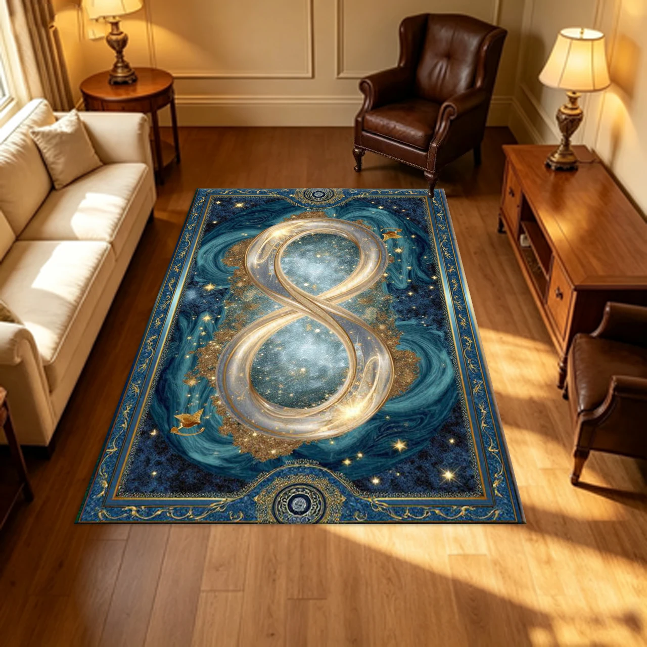 Mystical Infinity Symbol Galaxy Carpet Flooring Blue Gold Starry Cosmic Vintage Ornate Frame Household Decor Area Rug