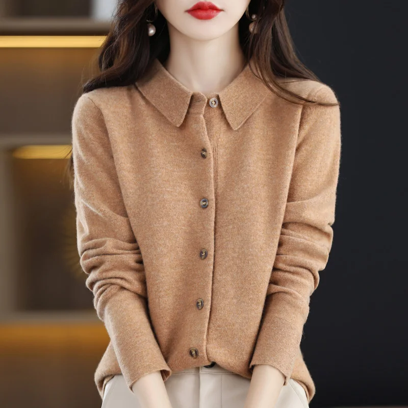 Women\'s Sweater 100% Merino Wool POLO Collar Cardigan Knitted Warm Jacket Autumn And Winter Loose Warm Soft Cashmere Sweater DMR