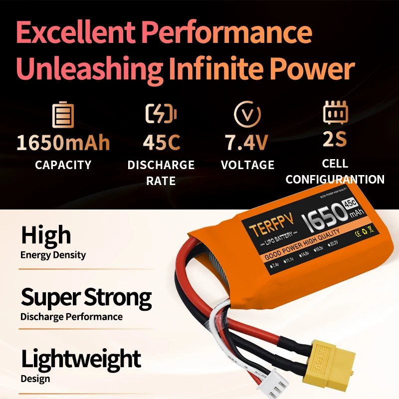 TERFPV 2S Battery 7.4V 1650mAh Lipo Battery 45C for RC Helicopter Car Boat Quadcopter Drone Truck Lightweight T/XT30/XT60/JST