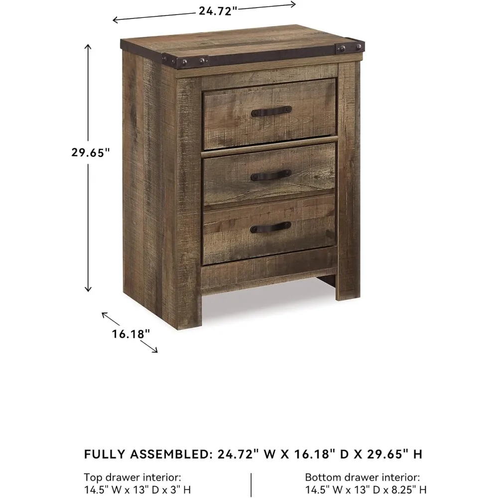 USB 충전 포트가 있는 2단 서랍형 나이트스탠드, 높이 29.65인치, 따뜻한 갈색 마감