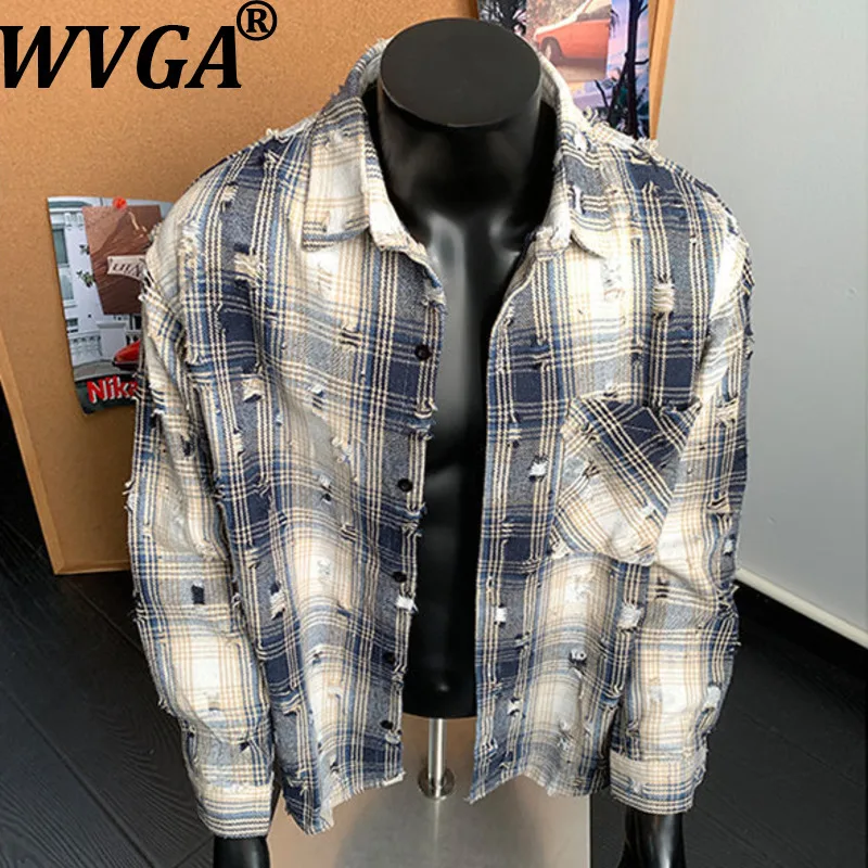 

WVGA Spring Autumn New Man Tide Plaid Trendy Long Sleeve Perforated Shirt Niche Chic Casual Turn-Down Collar Top Coat Ins W21916