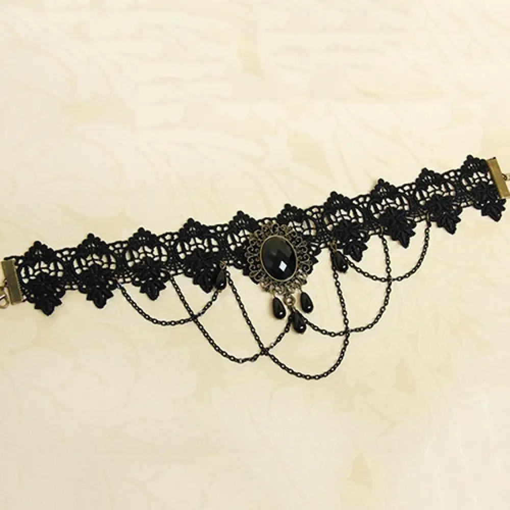 Gothic Victorian Choker for Women Black Lace Necklace Women Girl Boho Crystal Tassel Sexy Lace Choker Loli Style Halloween Jewel