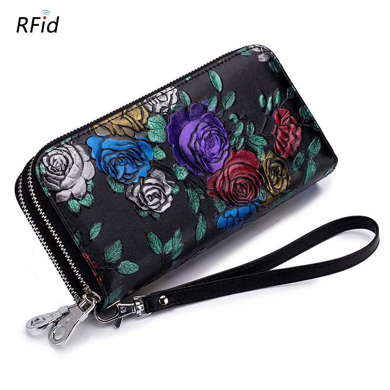 

Genuine Leather Double zipper Wallet Women Large Capacity Card Holder Purse Rose Floral Womens Wallets Long Female Coin Purse