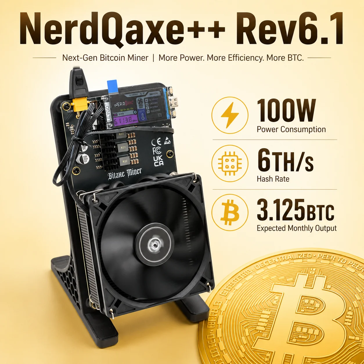 

Open Source NerdQaxe++ Rev6.1 6Th/s 100W SHA-256 Solo Miner with 12V 10A PSU for Cryptocurrency Mining