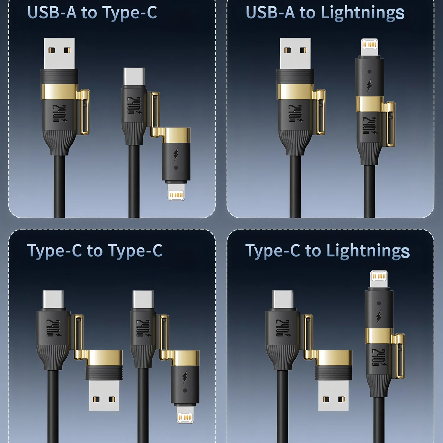 Cabo USB 4 em 1 para celular com carregamento rápido e transferência de dados, USB-L, USB-C, C-L, C-C, 4 portas USB PD, para iPhone, Xiaomi, Android e tablet.