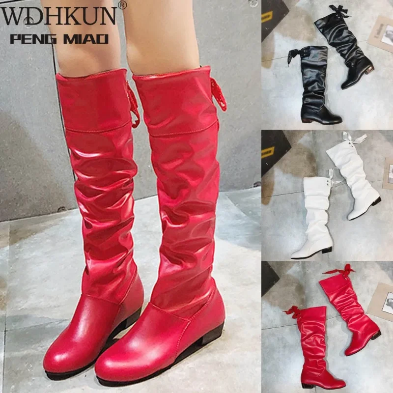 Fashion Women Boots Spring Boots Botas Female Stretch PU Leather Shoes Woman Black Red White Roma Knee-Length