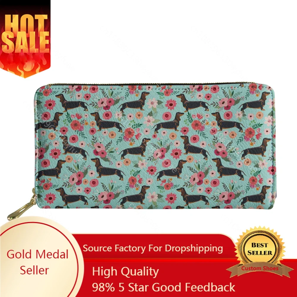 Luxury Designer Wallet Dachshund Dog Flower Print Money Purse For Women Long Wallets Coin Money Bags Female Purse Card Holder