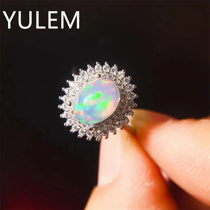 

YULEM Sterling Silver Flower Ring for Daily Wear 7mm*9mm Natural Opal Ring 925 Silver Opal Jewelry Gift for Woman