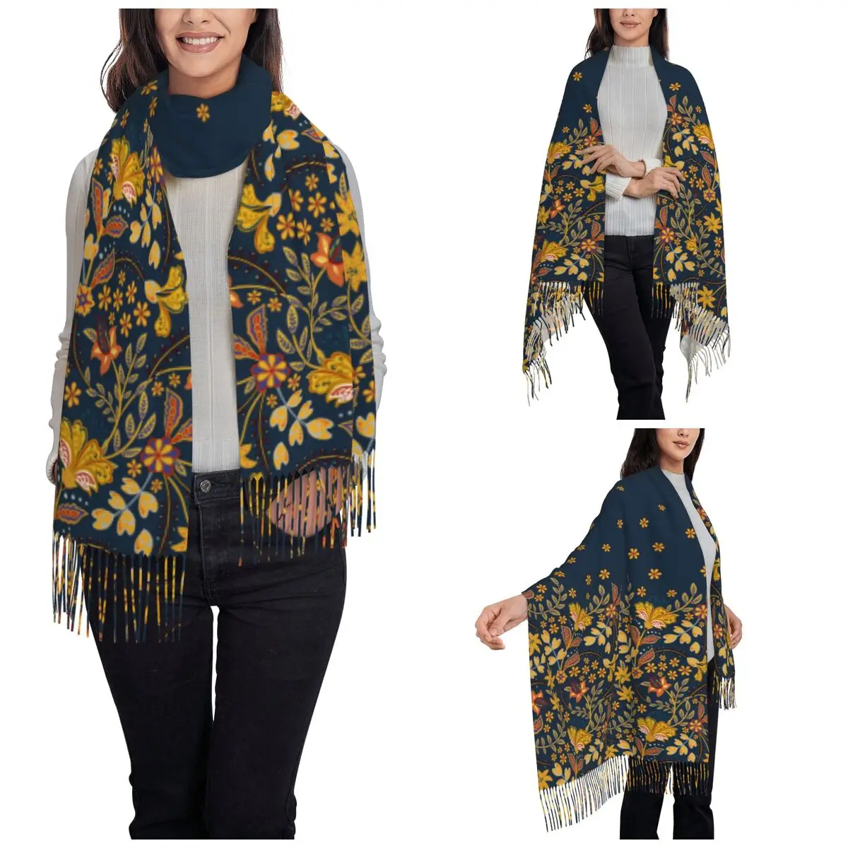 Womens Tassel Scarf Elegant Gold Flower Aesthetic Large Shawl and Wrap Luxury Golden Floral Daily Wear Cashmere Scarf