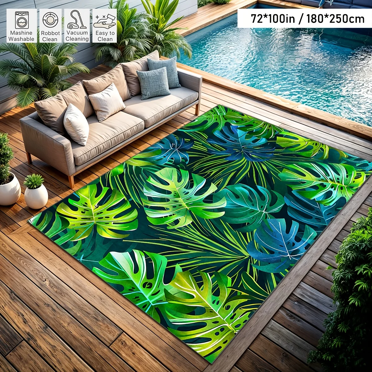 Tropical Monstera Leaf Printed Area Rug, Indoor‑Outdoor Washable Easy‑Clean Floor Mat for Garden, Patio, Living Room, Balcony