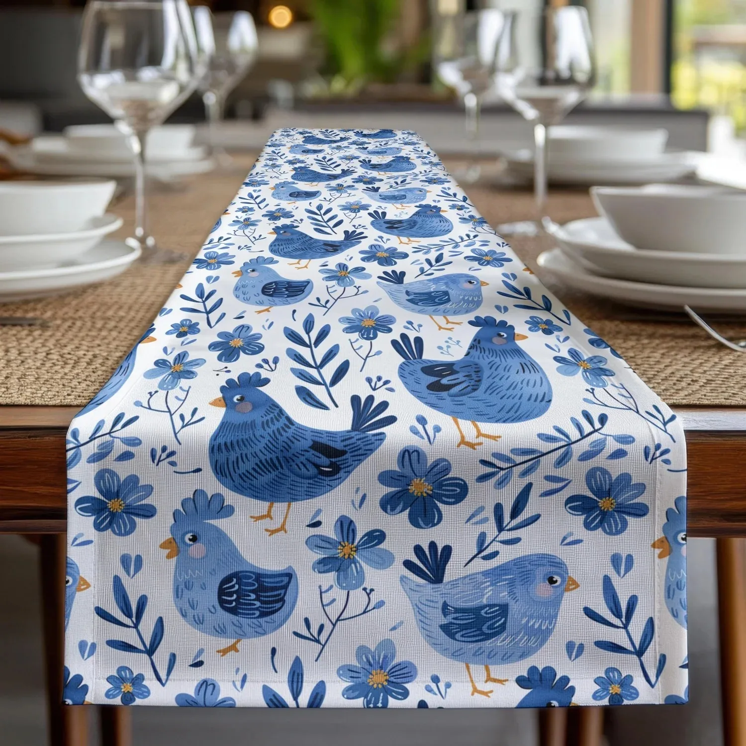 White Magnolia Floral Table Runner, Vertical Stripe Wood Grain Printed Fabric Table Scarf, Farmhouse Botanical Style Centerpiece