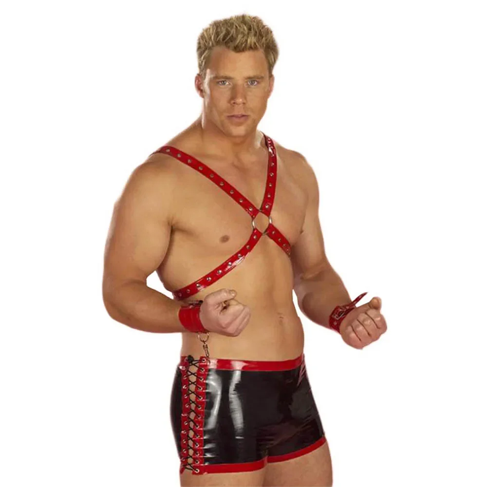 Mens Black and Red PVC Harness Shorts Set with Wrist Cuffs Sexy Faux Leather Bondage Costume Clubwear Party Outfit