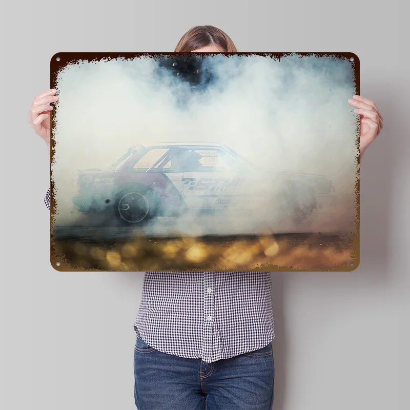 Drifting Car in Smoke Poster Customized Vintage Metal Signs Wall Art Retro Tin Plaque for Home Decoration Gaming Office Decor
