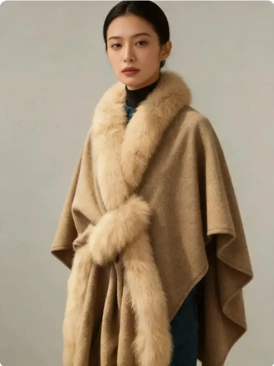 Wool Cape  Real Fox Fur Cloak Autumn Winter Loose Fur Collar Shoulder Wrap Leather Fur  Collar