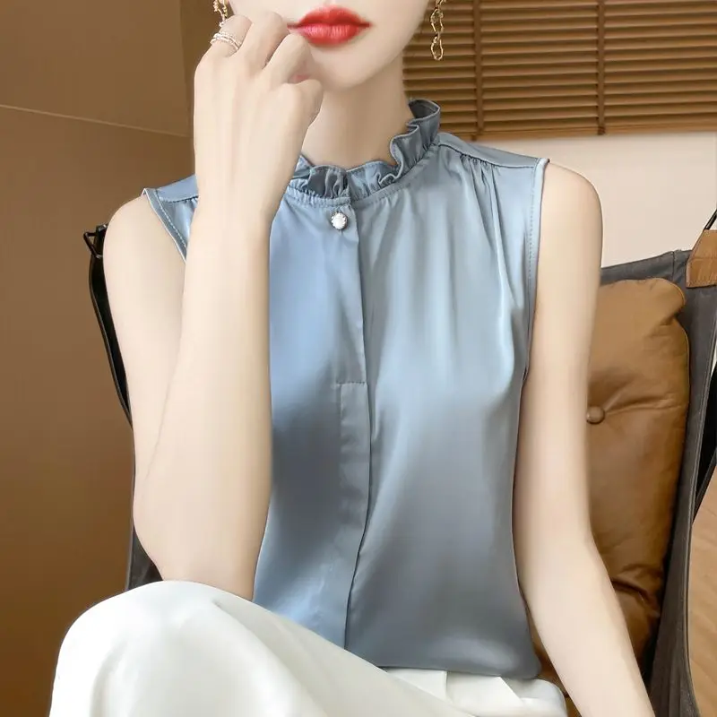 Modieus temperament kant Frans satijn mouwloos schimmelshirt basisvest zomertop