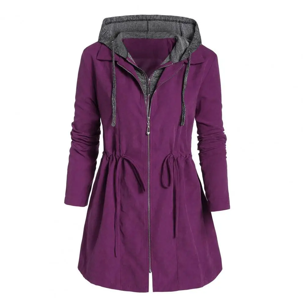 Women Coat Solid Color Fake Two-piece Hooded Double Zipper Winter Jacket for Daily Wear