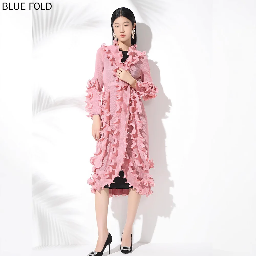 MIYAKE PLEATS-Fashionable Pleated Cardigan, Elegant Outerwear, Spring Model, Lace Edges Loose Belted Midi Trench Coat large Size