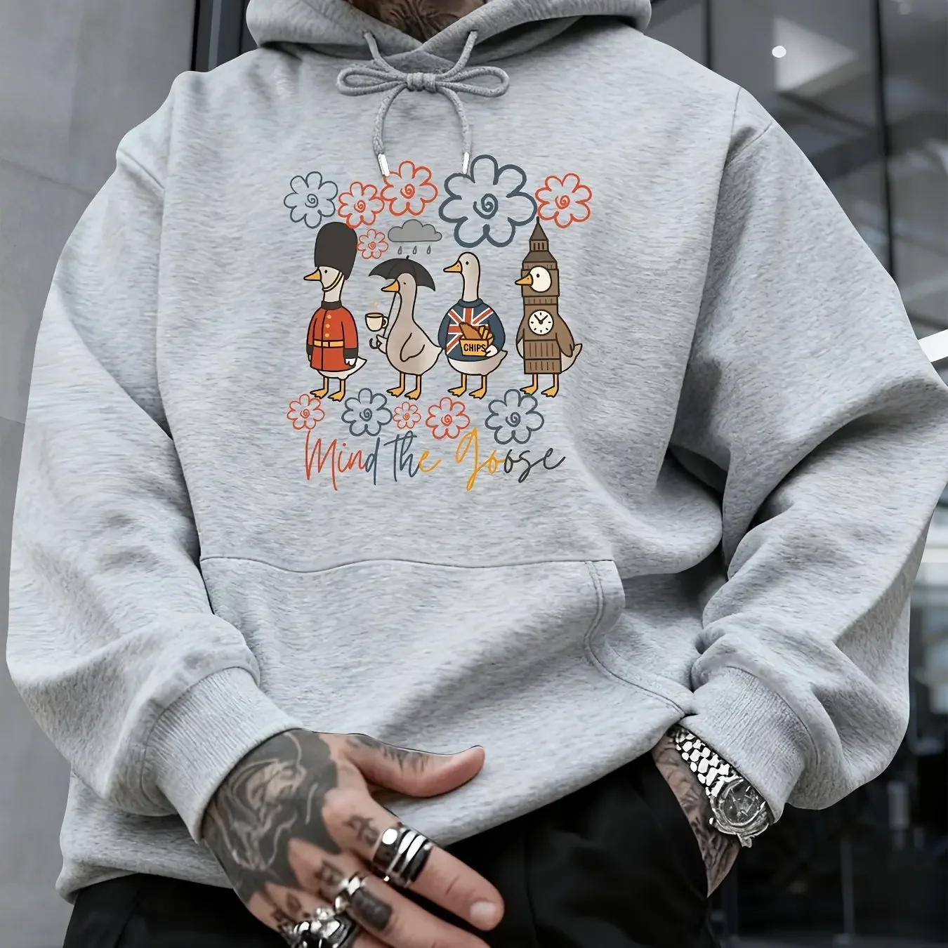 Men's UK Retro Hoodie Goose Big Ben Cartoon Floral Graphic Front Print Oversized Pullover Sweatshirt British Streetwear