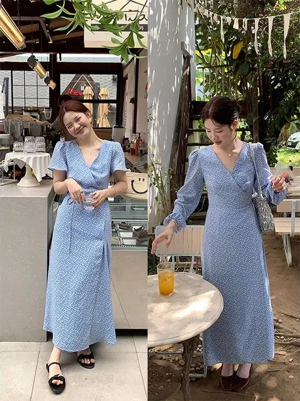 Loose Floral Print V-Ne Midi Dr Women's Summer Casual Sle High Waist A-Line Skirt Polyester Fabric ort Sve Dr